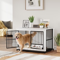 Koiran sisähäkki kääntyvällä ruokakupilla MDF+metalli 95 x 60 x 68,5 cm valkoinen