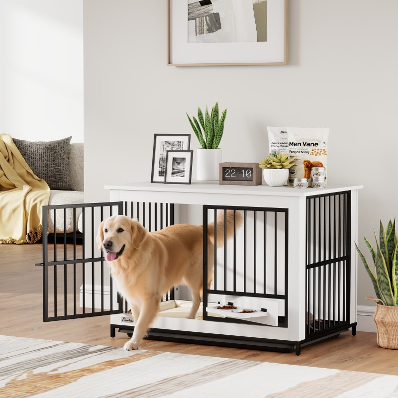 Koiran sisähäkki kääntyvällä ruokakupilla MDF+metalli 95 x 60 x 68,5 cm valkoinen