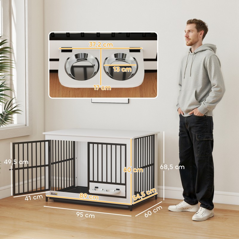 Koiran sisähäkki kääntyvällä ruokakupilla MDF+metalli 95 x 60 x 68,5 cm valkoinen