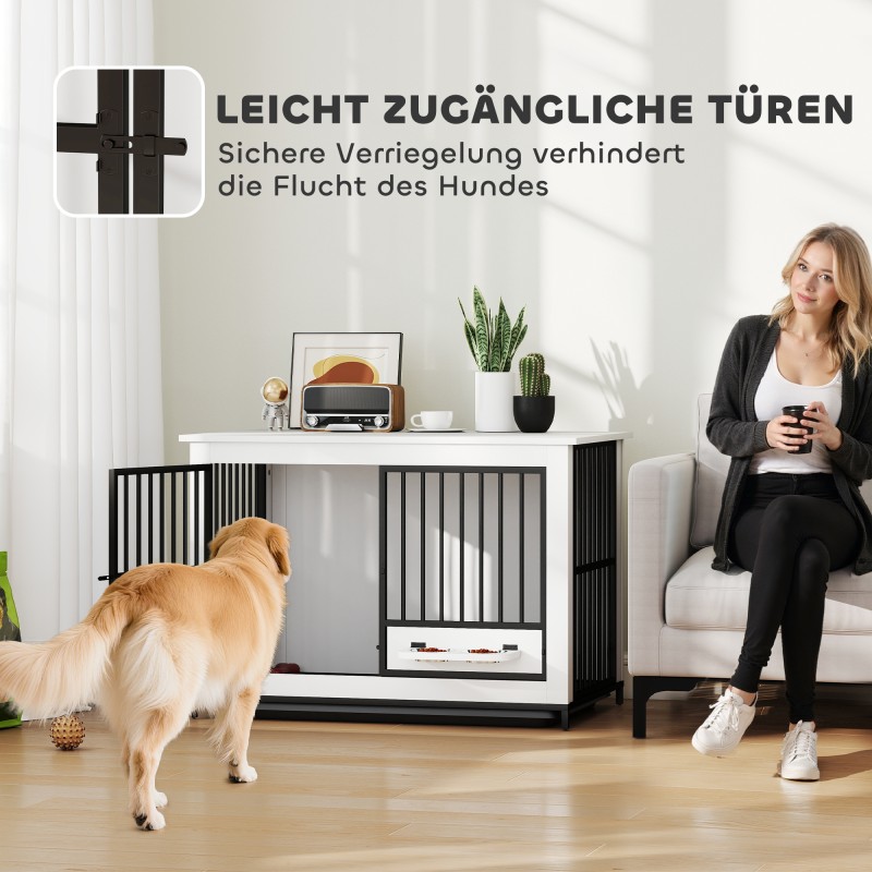 Koiran sisähäkki kääntyvällä ruokakupilla MDF+metalli 95 x 60 x 68,5 cm valkoinen