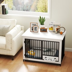 Koiran sisähäkki kääntyvällä ruokakupilla MDF+metalli 95 x 60 x 68,5 cm valkoinen