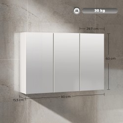 Kylpyhuoneen peilikaappi 3-ovisella peilillä, lastulevy, 90 x 15,5 x 60 cm, valkoinen