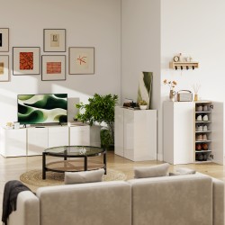 TV-taso olohuoneeseen 65” televisiolle, lastulevy, 135 x 38 x 45 cm, korkeakiiltoinen valkoinen