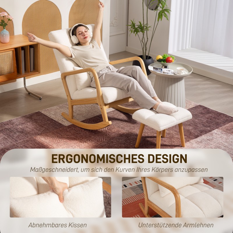 Keinutuoli ja jalkarahi fleeceverhoilu kumipuuvalkoiset 64,5 x 82 x 99 cm