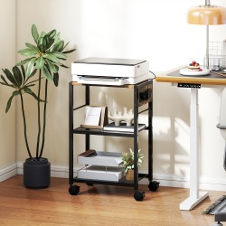 Tulostintaso kotitoimistoon 3-tasoinen, pistorasiat ja USB/USB-C, 42 x 28 x 64,5 cm, rustiikinruskea-musta