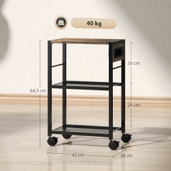 Tulostintaso kotitoimistoon 3-tasoinen, pistorasiat ja USB/USB-C, 42 x 28 x 64,5 cm, rustiikinruskea-musta