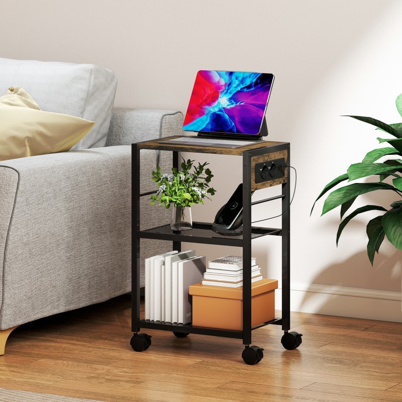 Tulostintaso kotitoimistoon 3-tasoinen, pistorasiat ja USB/USB-C, 42 x 28 x 64,5 cm, rustiikinruskea-musta