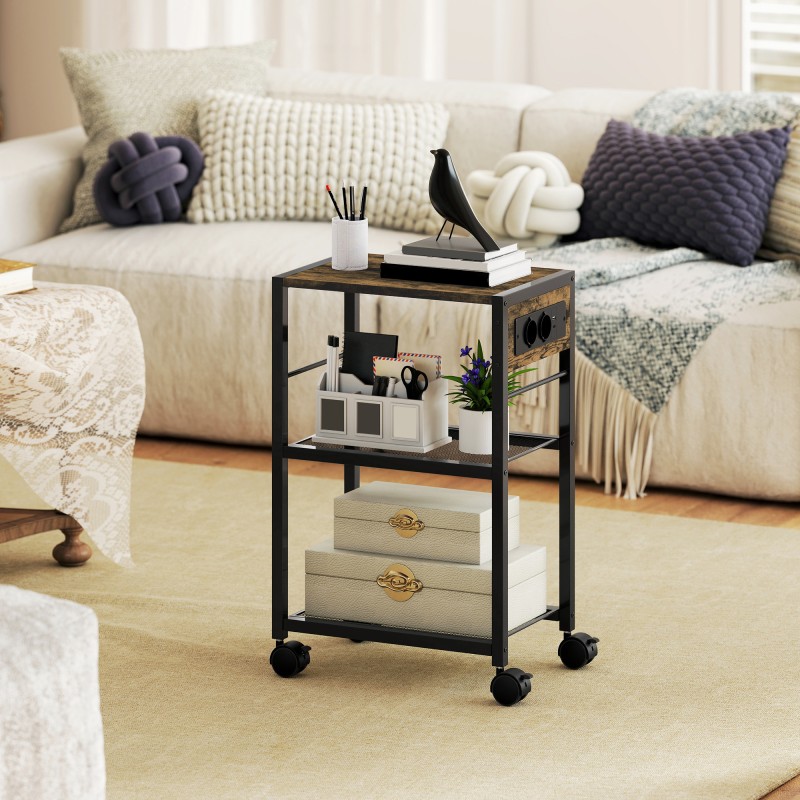 Tulostintaso kotitoimistoon 3-tasoinen, pistorasiat ja USB/USB-C, 42 x 28 x 64,5 cm, rustiikinruskea-musta