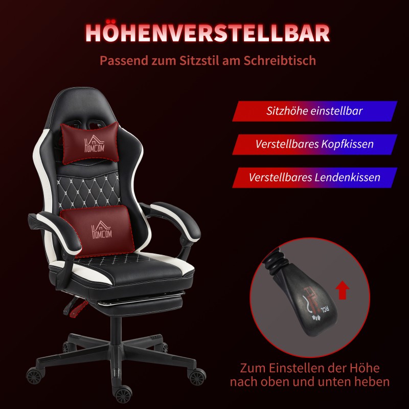 Pelituoli jalkatuella ja niskatyynyllä, keinonahkaa, säädettävä ja kallistuva, mustavalkoinen