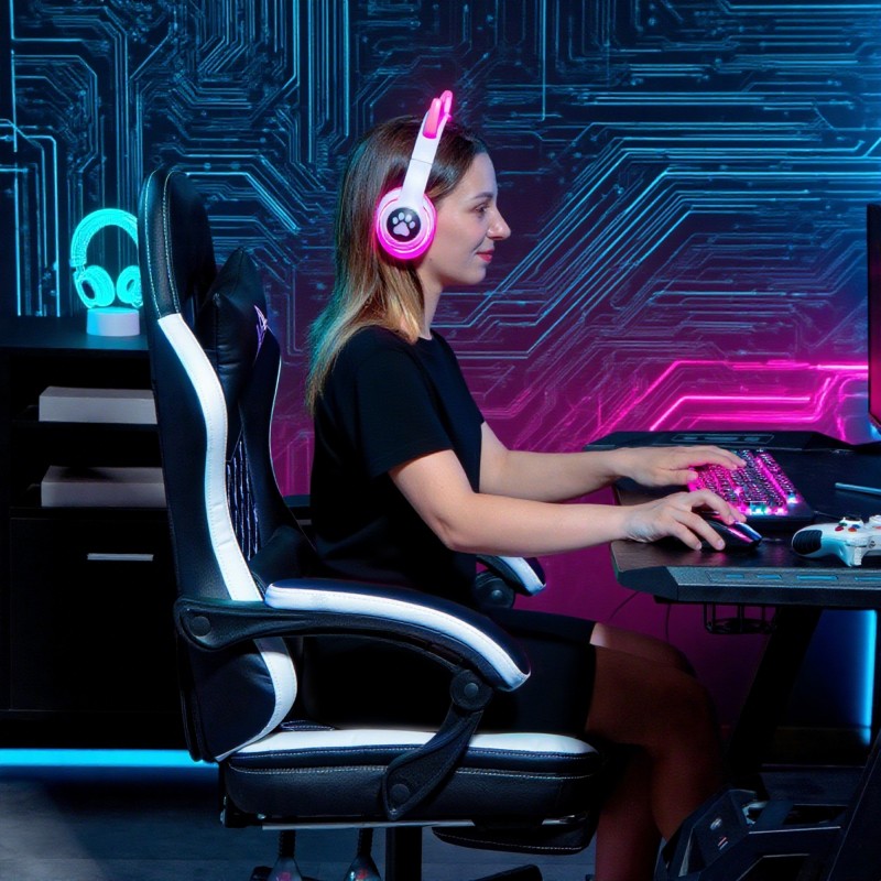 Pelituoli jalkatuella ja niskatyynyllä, keinonahkaa, säädettävä ja kallistuva, mustavalkoinen