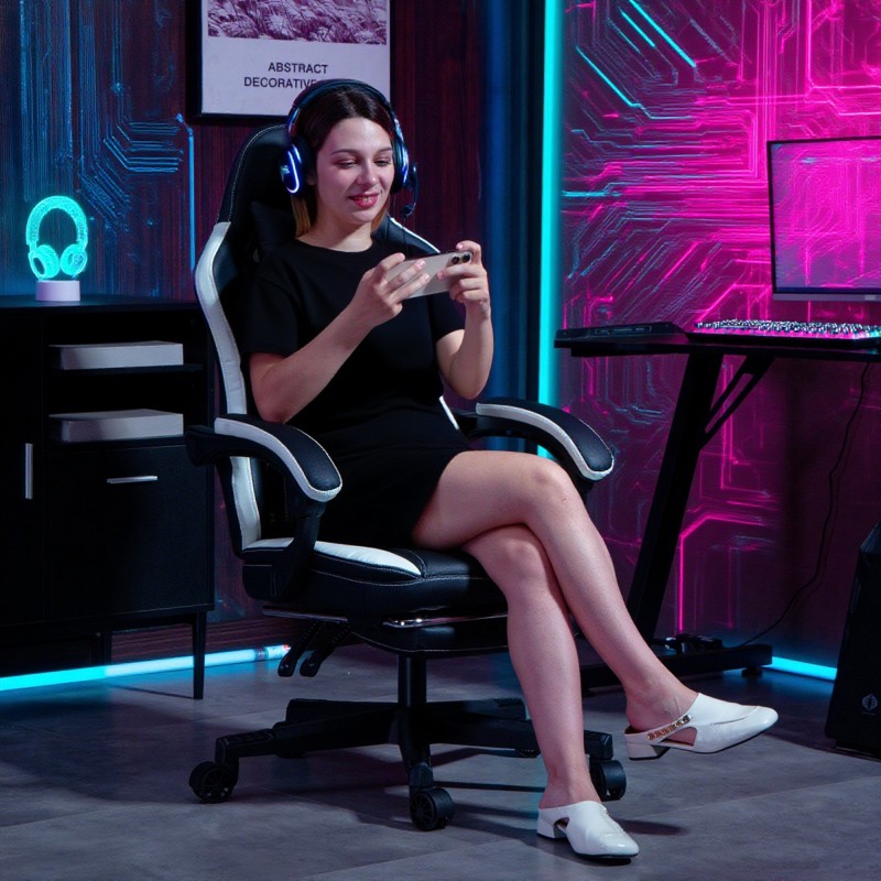 Pelituoli jalkatuella ja niskatyynyllä, keinonahkaa, säädettävä ja kallistuva, mustavalkoinen