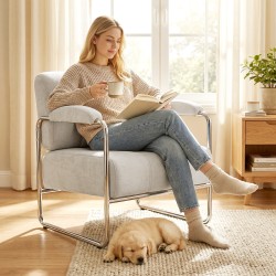 Moderni loungenojatuoli olohuoneeseen, chenille-verhoilu, leveä ja paksusti pehmustettu istuin, beige