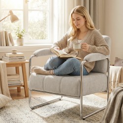 Moderni loungenojatuoli olohuoneeseen, chenille-verhoilu, leveä ja paksusti pehmustettu istuin, beige