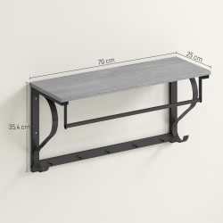 Seinään kiinnitettävä naulakko hyllyllä ja vaatetangolla, 5 koukkua, lastulevy ja metalli, 70 x 25 x 35,4 cm, harmaa