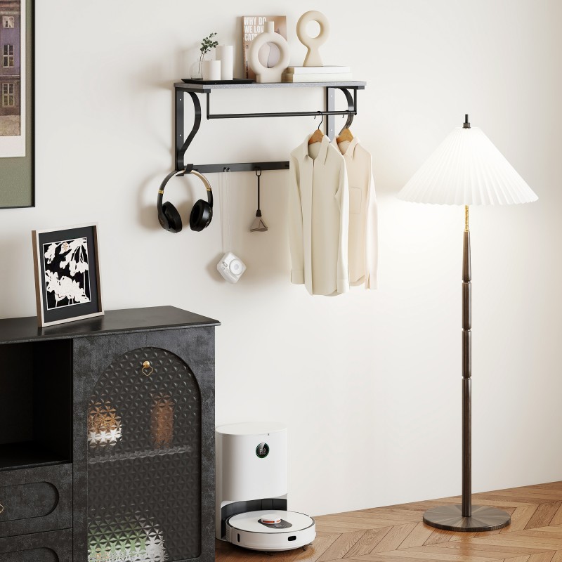 Seinään kiinnitettävä naulakko hyllyllä ja vaatetangolla, 5 koukkua, lastulevy ja metalli, 70 x 25 x 35,4 cm, harmaa