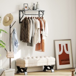 Seinään kiinnitettävä naulakko hyllyllä ja vaatetangolla, 5 koukkua, lastulevy ja metalli, 70 x 25 x 35,4 cm, harmaa