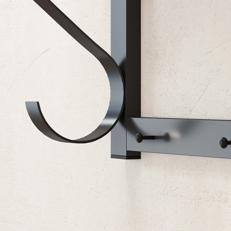 Seinään kiinnitettävä naulakko hyllyllä ja vaatetangolla, 5 koukkua, lastulevy ja metalli, 70 x 25 x 35,4 cm, harmaa