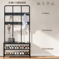 Eteisen 3-in-1 naulakko penkillä ja kenkähyllyllä, metalli ja lastulevy, 91x36x180 cm, musta