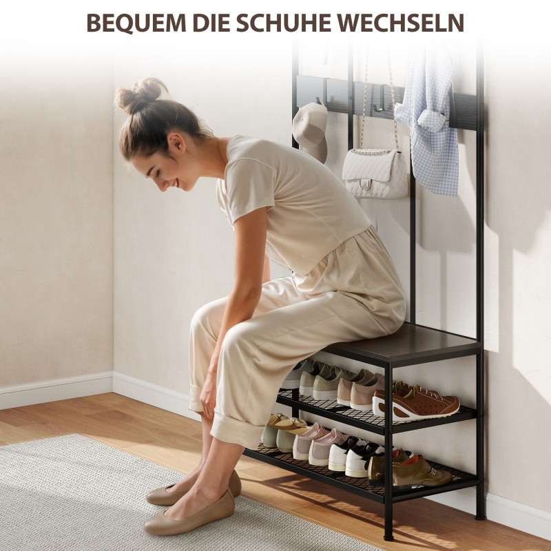 Eteisen 3-in-1 naulakko penkillä ja kenkähyllyllä, metalli ja lastulevy, 91x36x180 cm, musta