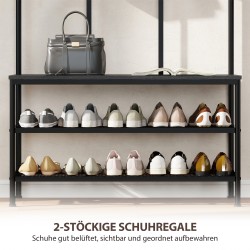 Eteisen 3-in-1 naulakko penkillä ja kenkähyllyllä, metalli ja lastulevy, 91x36x180 cm, musta