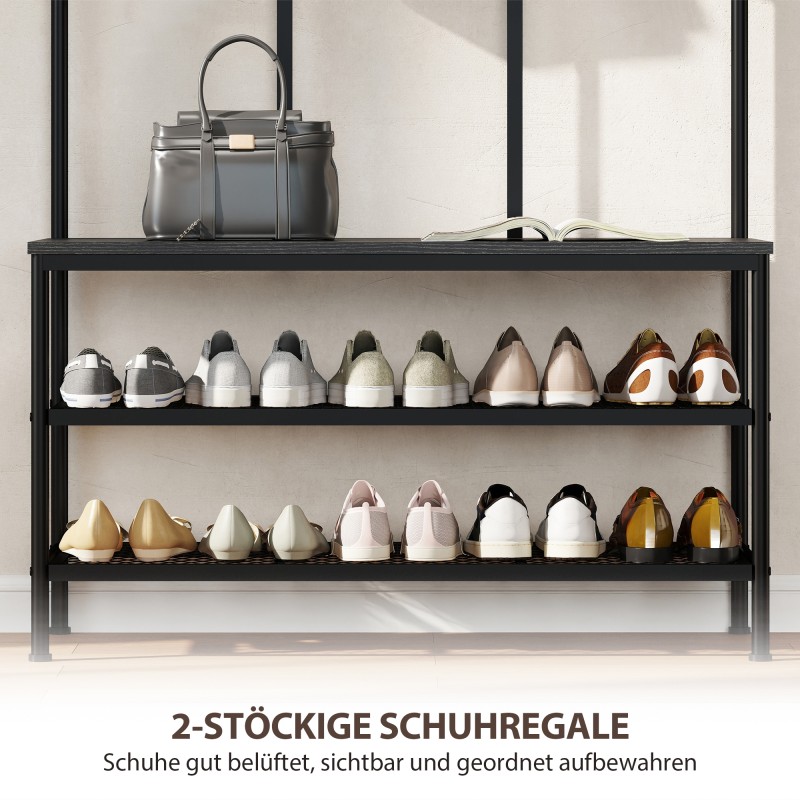 Eteisen 3-in-1 naulakko penkillä ja kenkähyllyllä, metalli ja lastulevy, 91x36x180 cm, musta