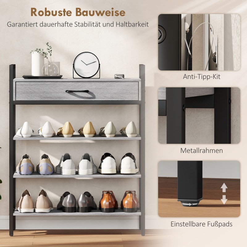 Kenkähylly eteiseen 4 tasoa laatikolla, lastulevy ja metalli, 70 x 30 x 87,6 cm, harmaa