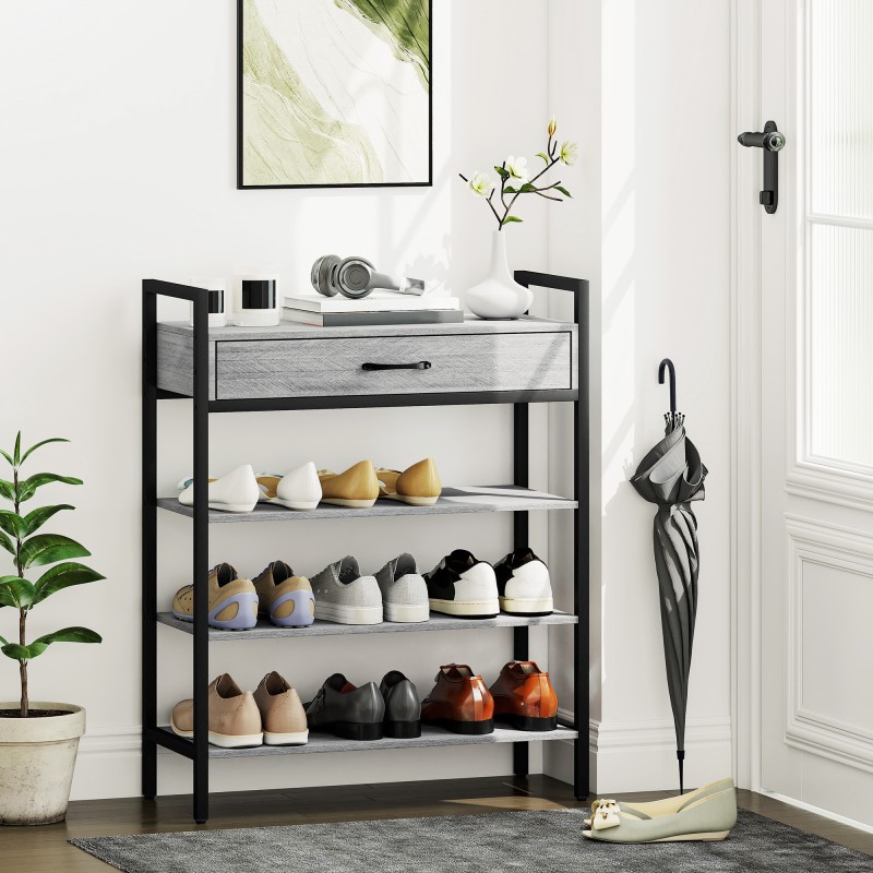 Kenkähylly eteiseen 4 tasoa laatikolla, lastulevy ja metalli, 70 x 30 x 87,6 cm, harmaa