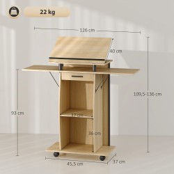 Puhujapöytä pyörillä ja taittuvilla sivutasoilla, laatikko ja hyllyt, lastulevy/metalli, eikensävy