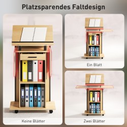 Puhujapöytä pyörillä ja taittuvilla sivutasoilla, laatikko ja hyllyt, lastulevy/metalli, eikensävy