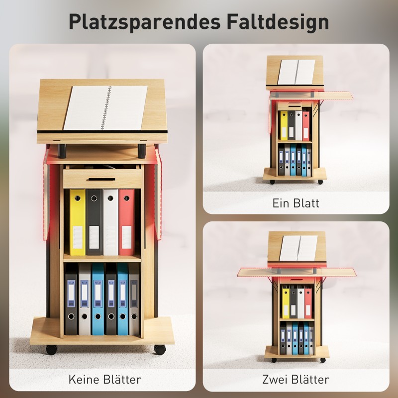Puhujapöytä pyörillä ja taittuvilla sivutasoilla, laatikko ja hyllyt, lastulevy/metalli, eikensävy