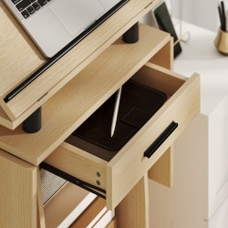 Puhujapöytä pyörillä ja taittuvilla sivutasoilla, laatikko ja hyllyt, lastulevy/metalli, eikensävy