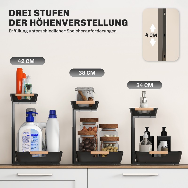 Säädettävä keittiöhylly kahvibaarille, 2 ulosvedettävää koria, metalli, 40 x 30 x 33,5–42 cm, musta