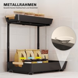 Säädettävä keittiöhylly kahvibaarille, 2 ulosvedettävää koria, metalli, 40 x 30 x 33,5–42 cm, musta
