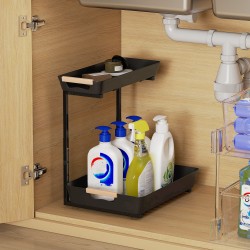 Säädettävä keittiöhylly kahvibaarille, 2 ulosvedettävää koria, metalli, 40 x 30 x 33,5–42 cm, musta