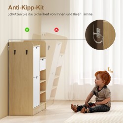 Eteisen kenkäkaappi kääntyvillä lokerikoilla ja avohyllyillä, 93 x 30 x 90 cm, luonnonpuu/valkoinen