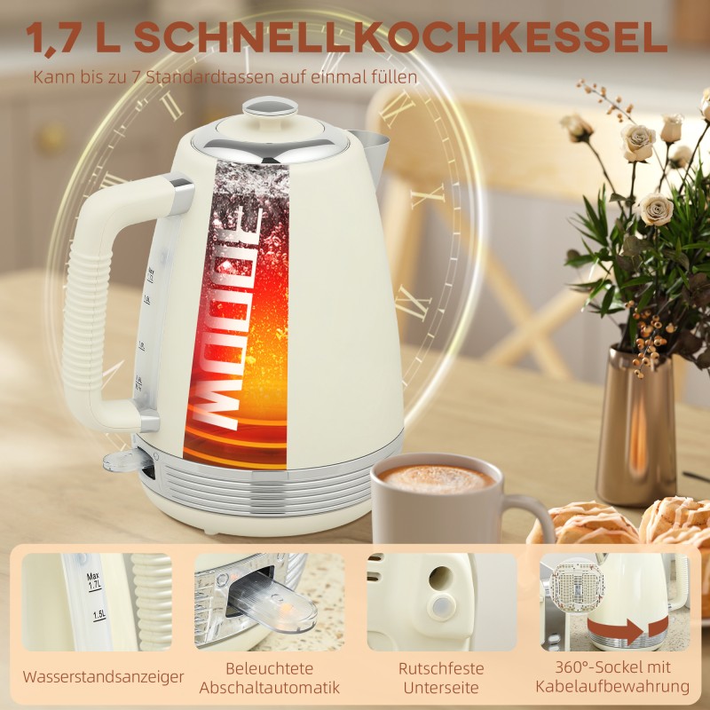 Vedenkeitin ja leivänpaahdin setti 1,7 L, 4 viipaletta, 2200 W, ruostumaton teräs, creme/hopea