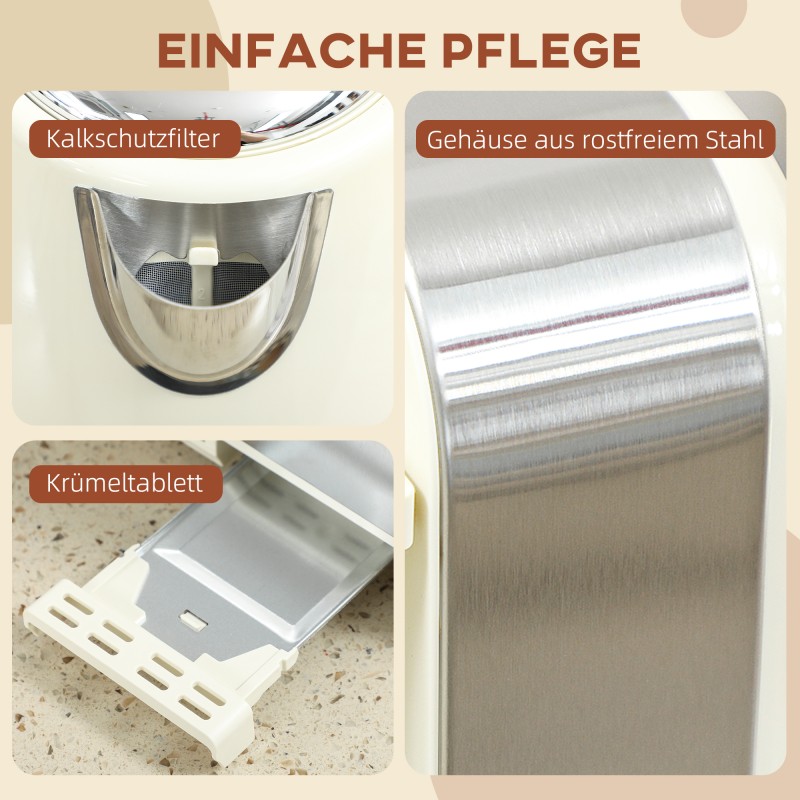 Vedenkeitin ja leivänpaahdin setti 1,7 L, 4 viipaletta, 2200 W, ruostumaton teräs, creme/hopea