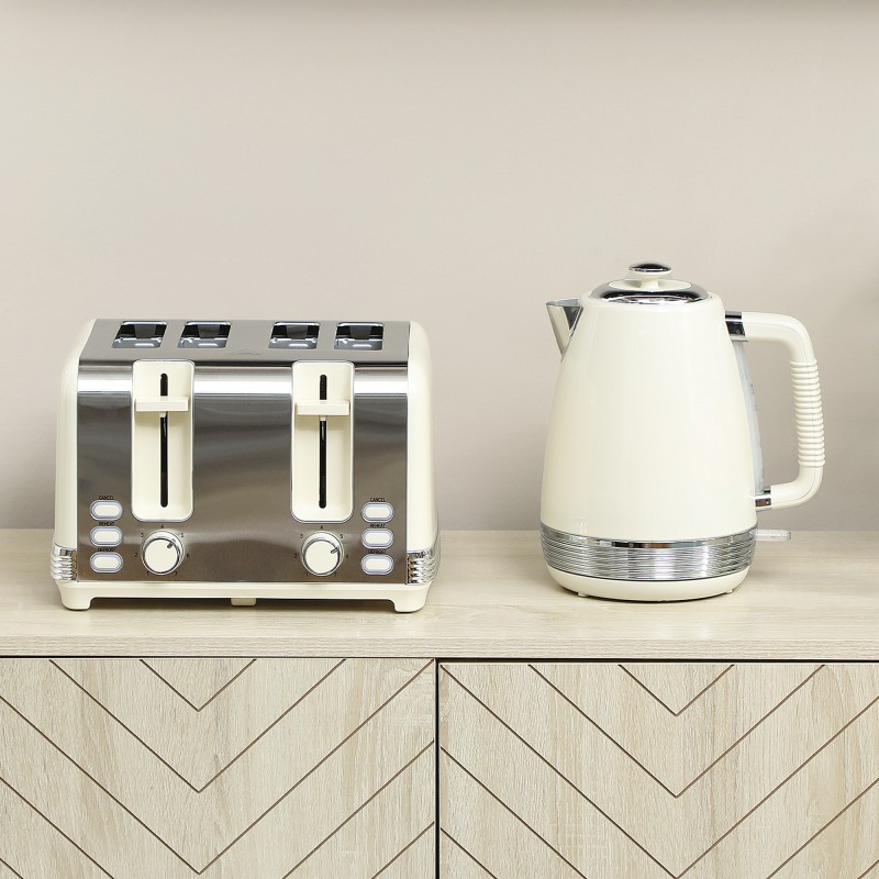 Vedenkeitin ja leivänpaahdin setti 1,7 L, 4 viipaletta, 2200 W, ruostumaton teräs, creme/hopea
