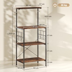 Keittiöhylly 4-tasoinen metallirunko työtasolla ja 8 koukkua 60x42x134,5 cm ruskea/musta