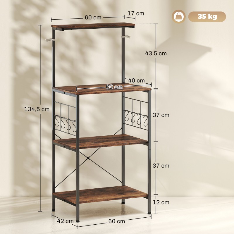 Keittiöhylly 4-tasoinen metallirunko työtasolla ja 8 koukkua 60x42x134,5 cm ruskea/musta