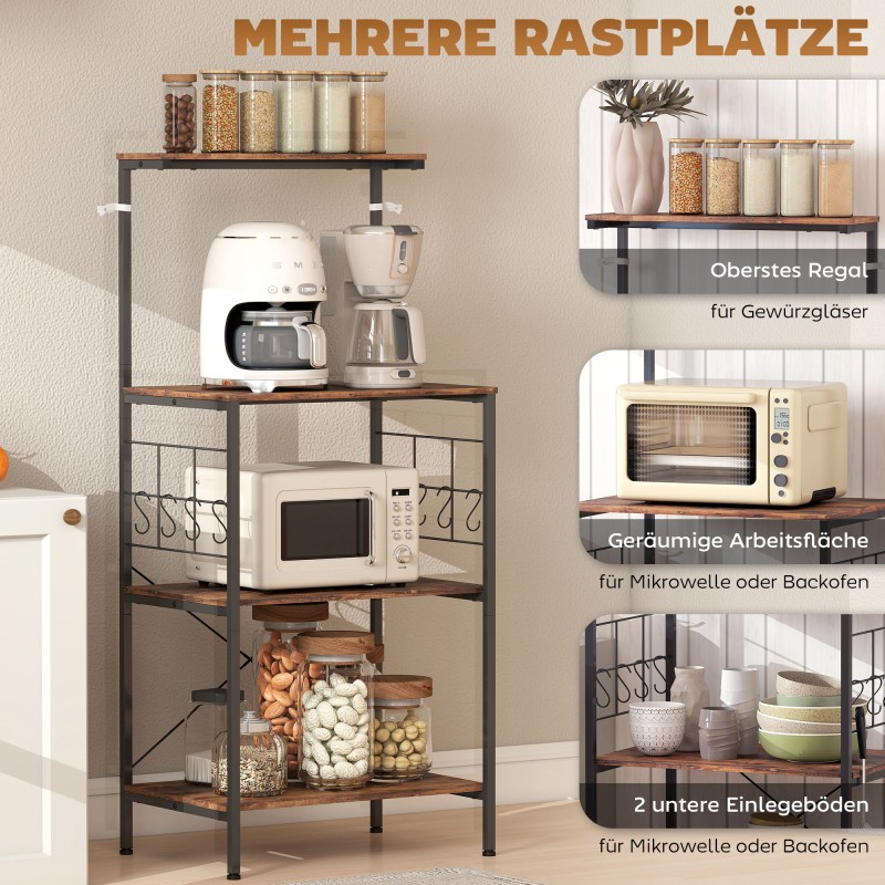 Keittiöhylly 4-tasoinen metallirunko työtasolla ja 8 koukkua 60x42x134,5 cm ruskea/musta