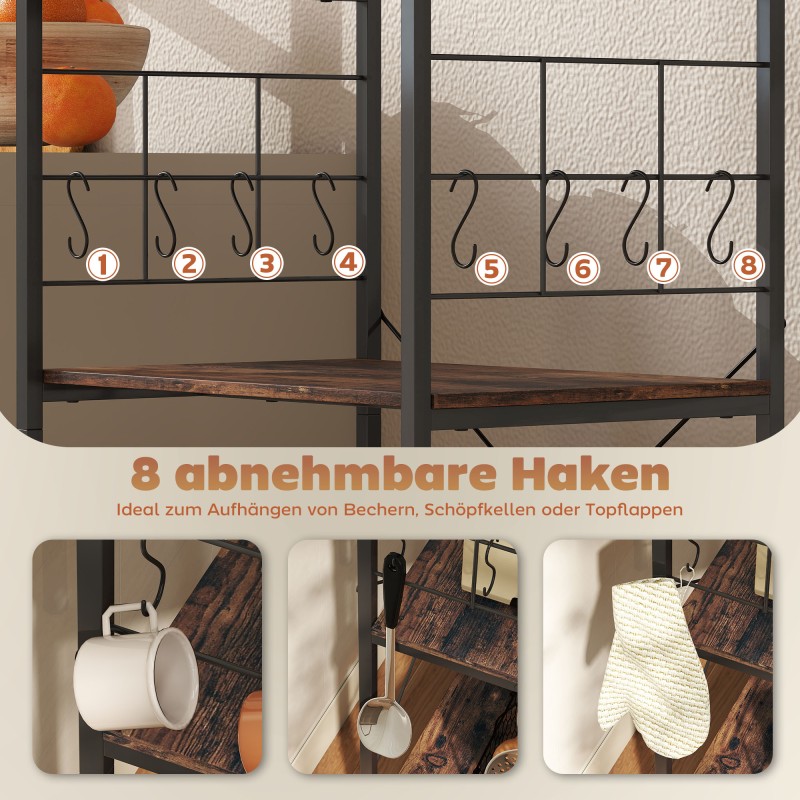 Keittiöhylly 4-tasoinen metallirunko työtasolla ja 8 koukkua 60x42x134,5 cm ruskea/musta