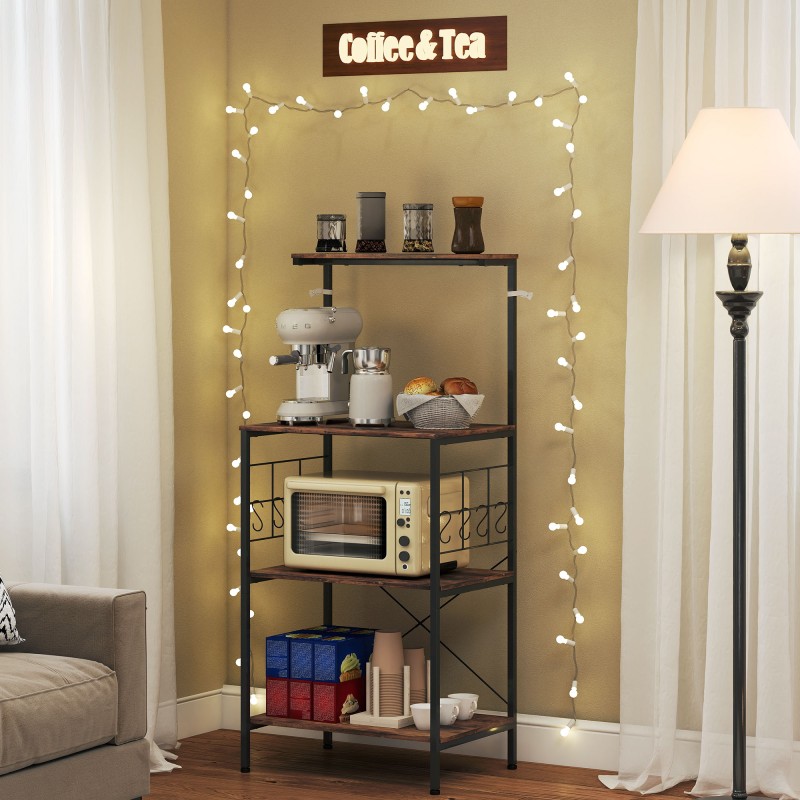 Keittiöhylly 4-tasoinen metallirunko työtasolla ja 8 koukkua 60x42x134,5 cm ruskea/musta