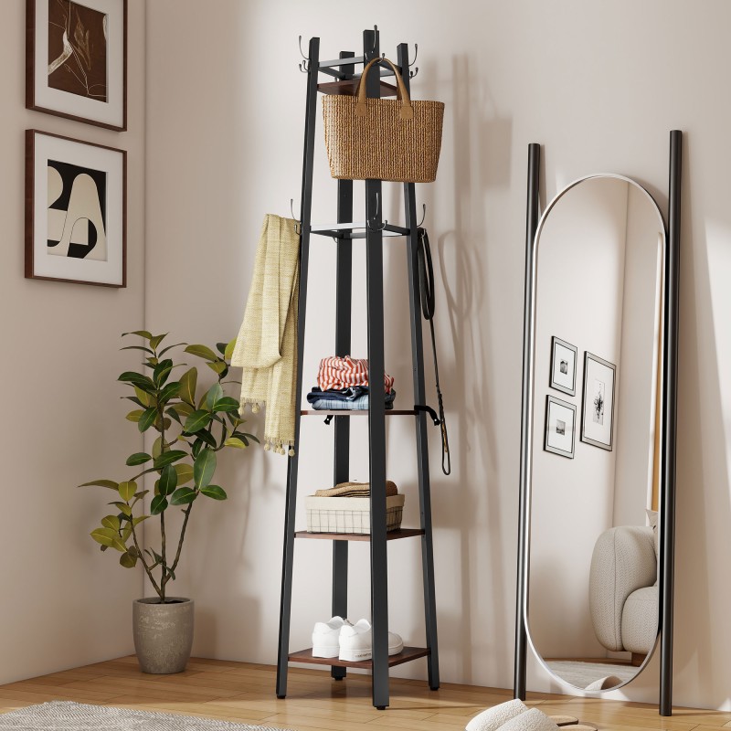 Naulakko 4 tasoa ja 8 koukkua, vapaasti seisova eteiseen, metalli ja lastulevy, ruskea, 34,8 x 34,8 x 179 cm