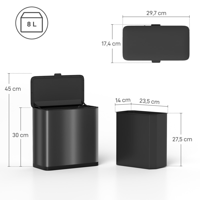 Roska-astia keittiöön 8 L, ruostumatonta terästä, lattia- tai kaappikiinnitys, musta