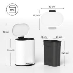 Roskakori poljinroskis 12 l metallia soft close sisäastialla valkoinen 30 x 25,5 x 37,5 cm
