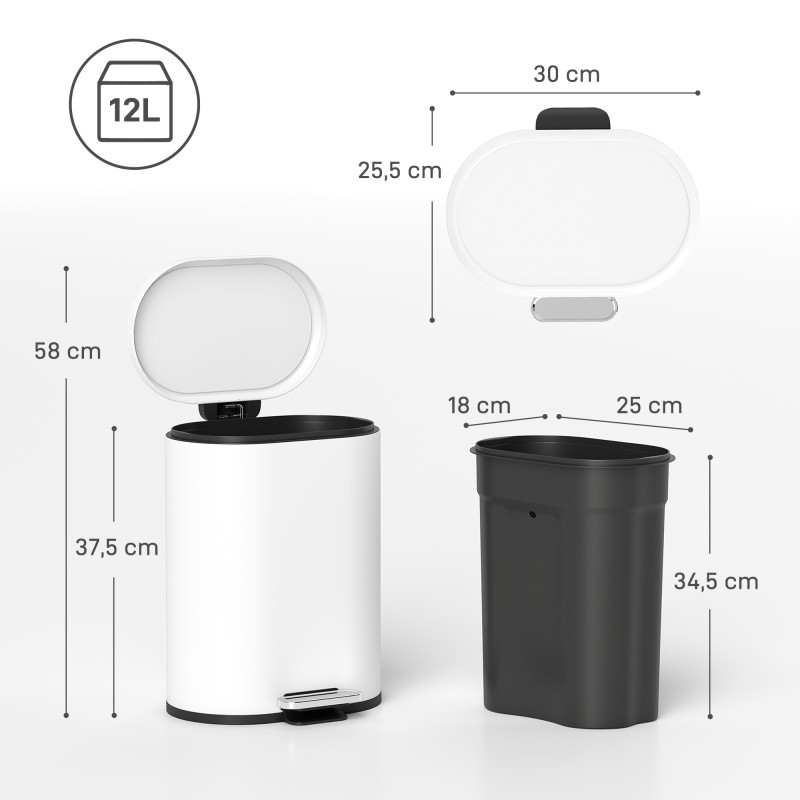 Roskakori poljinroskis 12 l metallia soft close sisäastialla valkoinen 30 x 25,5 x 37,5 cm