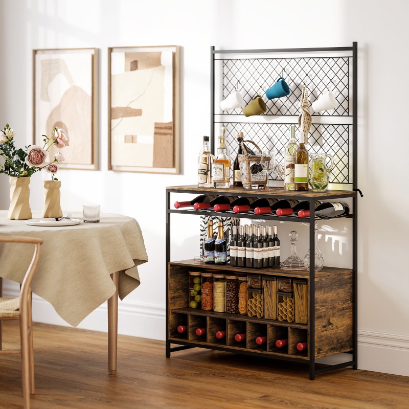 Keittiöhylly työtasolla ja viinikaapilla, metallirunko, 96,5x38x165 cm, ruskea/musta