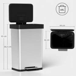 Keittiöroskis poljinmekanismilla 60 L, harjattu ruostumaton teräs, hopea/musta