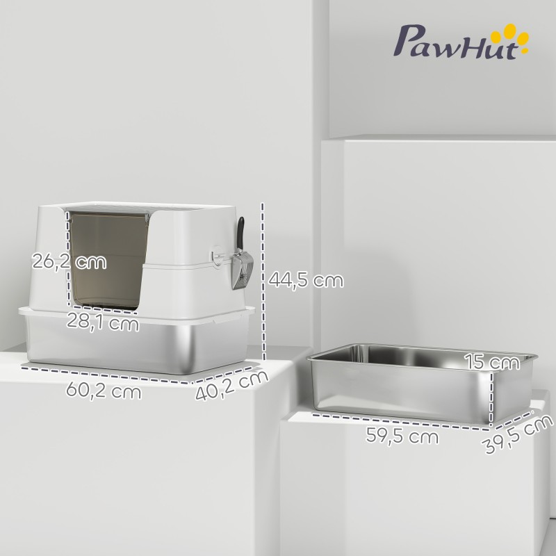 Kissan wc hiekkalaatikko ruostumaton teräs XL 60,2 x 40,2 x 44,5 cm vaaleanharmaa läpinäkyvällä kannella ja lapiolla